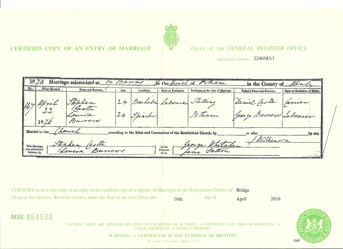 Marriage certificate of Louisa BARROWS